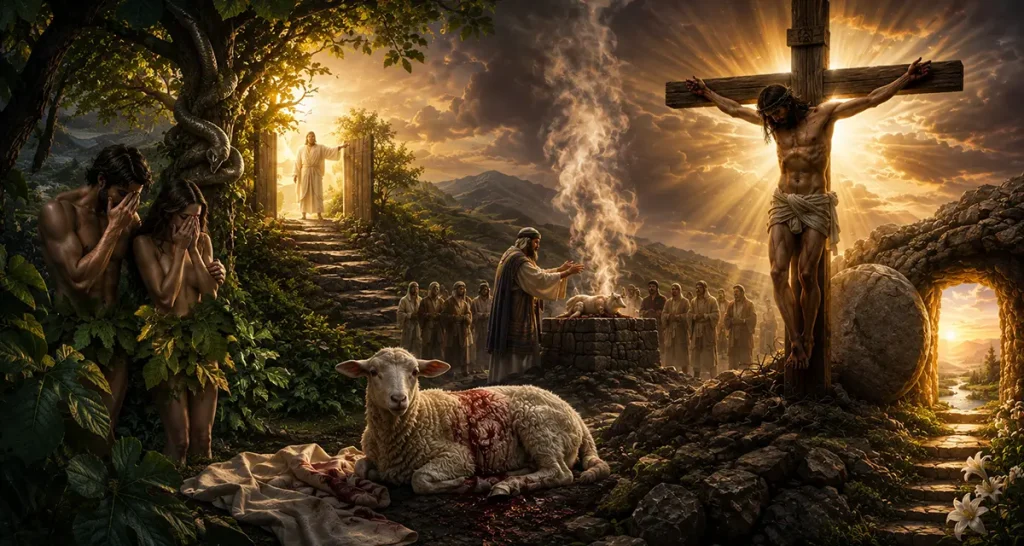 Adam and Eve in Eden depicting humanity’s God-given dominion over creation, the Fall, sacrifice, and the redemptive fulfillment of human dominion in Jesus Christ.