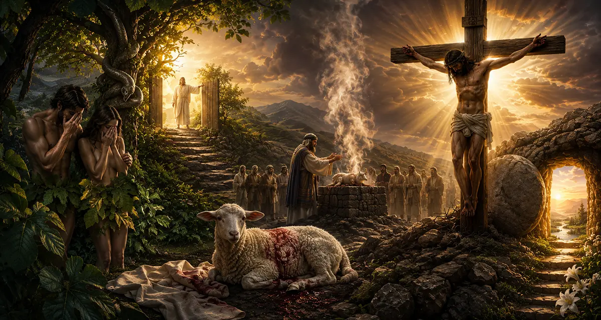 Adam and Eve in Eden depicting humanity’s God-given dominion over creation, the Fall, sacrifice, and the redemptive fulfillment of human dominion in Jesus Christ.