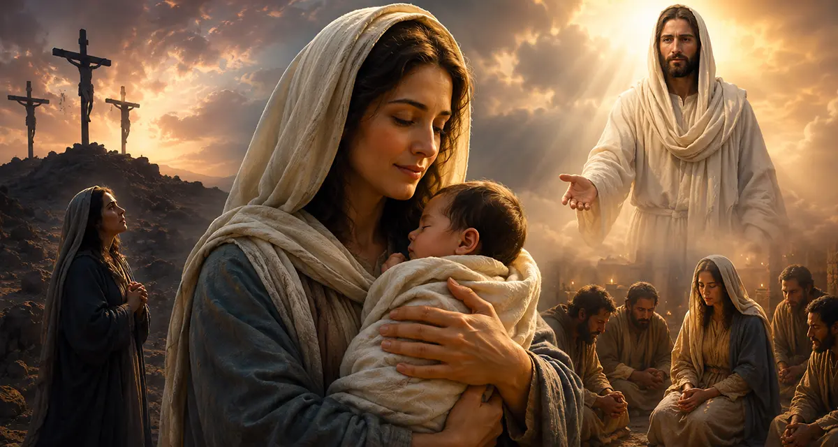 Mary holding the infant Jesus, with Christ’s crucifixion, resurrection, and praying disciples in the background, depicting Mary’s unique role in the incarnation while keeping Jesus at the center of redemption.