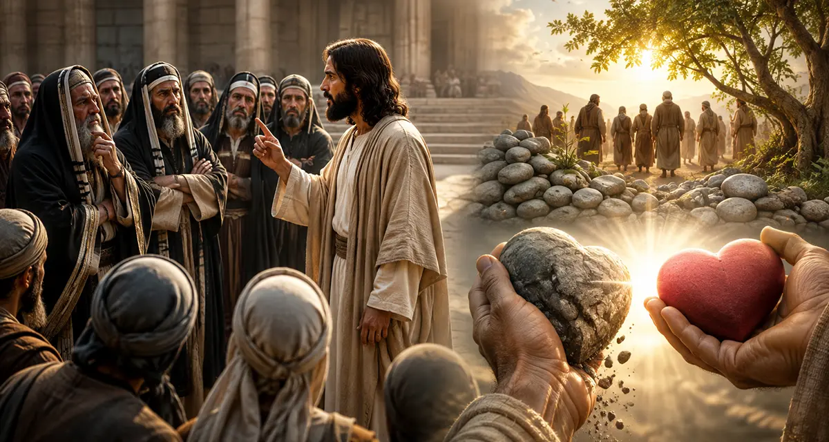 Jesus confronting the Pharisees in Matthew 23, symbolizing His rebuke of religious hypocrisy, God's call to repentance, and the transformation from a heart of stone to a heart renewed by grace.