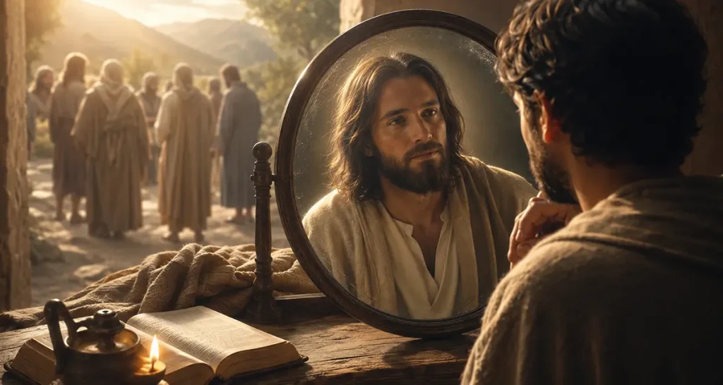 Humble disciple seated before an open Bible and a polished mirror, symbolizing looking to Jesus rather than self, illustrating the biblical contrast between humility and pride in the Christian life.
