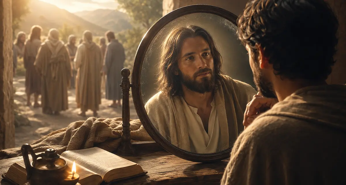 Humble disciple seated before an open Bible and a polished mirror, symbolizing looking to Jesus rather than self, illustrating the biblical contrast between humility and pride in the Christian life.