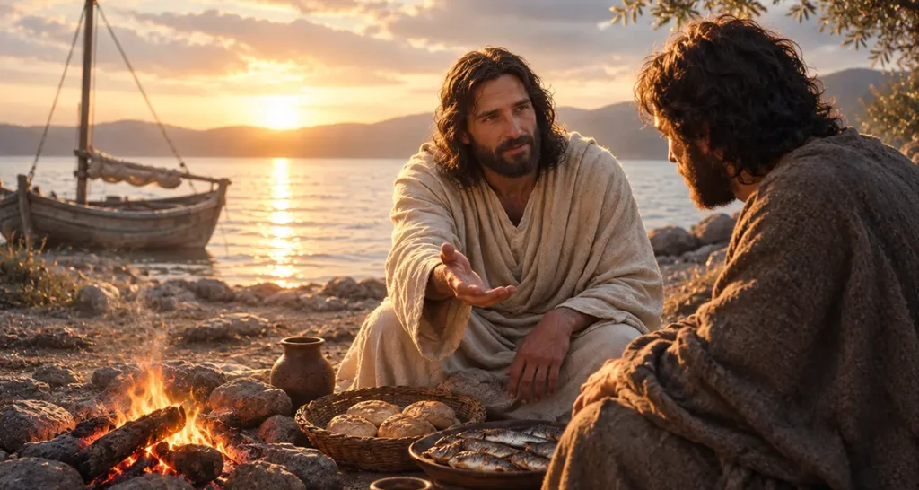 Peter being restored by the risen Jesus beside a charcoal fire on the shore of the Sea of Galilee, symbolizing Peter’s denial, Christ’s intercession, grace, forgiveness, and restoration.