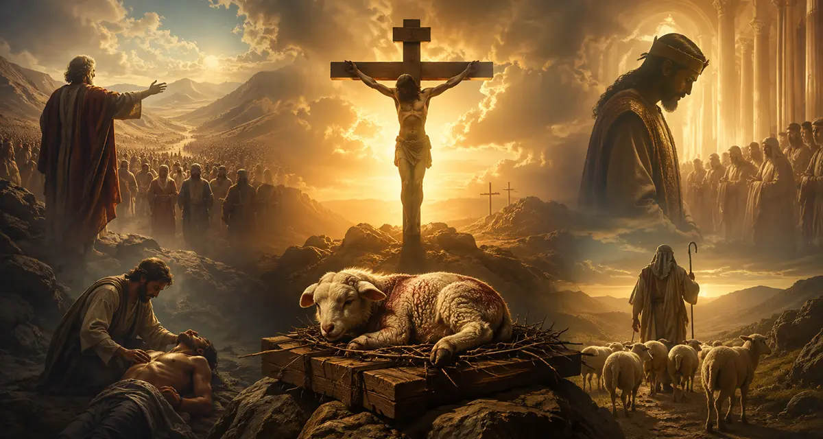 Christ Our Substitute, depicting Jesus on the cross as God’s appointed Savior, surrounded by biblical imagery of sacrifice, mediation, shepherding, and redemption.