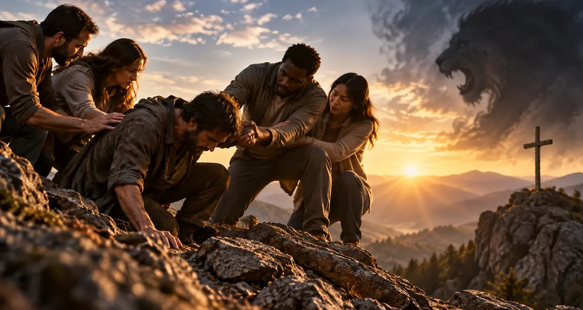 Christian suffering depicted as believers supporting a weary brother on a rocky path, standing together in faith beneath the cross while facing spiritual opposition.