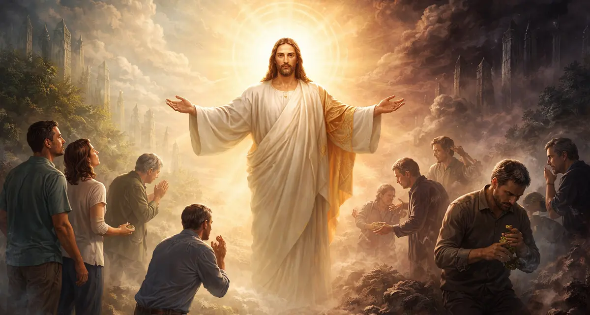 Jesus Christ standing between light and darkness as people respond differently to His presence, symbolizing divine sovereignty, human responsibility, faith, rejection, grace, and judgment.