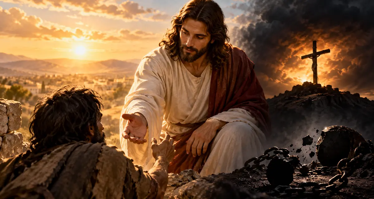 Jesus reaches compassionately toward a suffering man as light breaks through darkness near the Cross, illustrating the biblical truth that God is love, while His holiness, justice, and redemption are revealed through Christ.