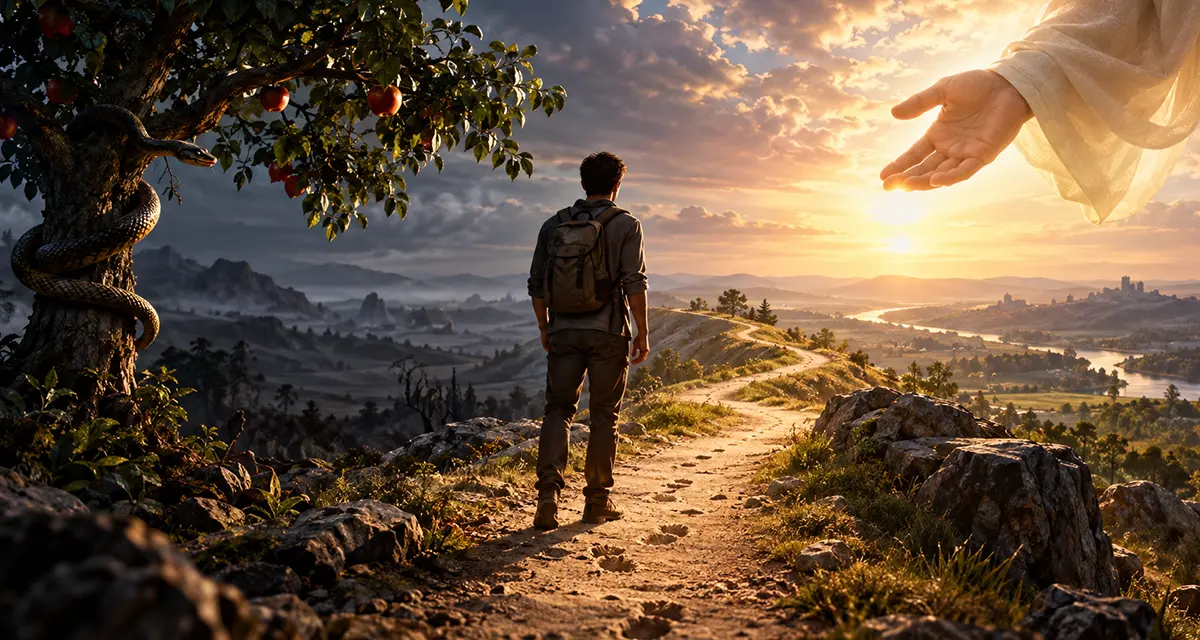 A man walks a winding path from the shadow of Eden toward the light, symbolizing God’s providence directing human steps while preserving human agency and trust.