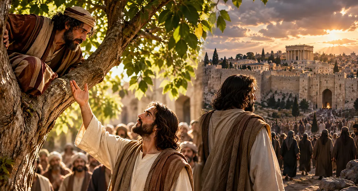 Jesus looking up and calling Zacchaeus from a sycamore tree, with Jerusalem in the distance, illustrating Christ seeking the lost and the contrast between receiving and rejecting Him.