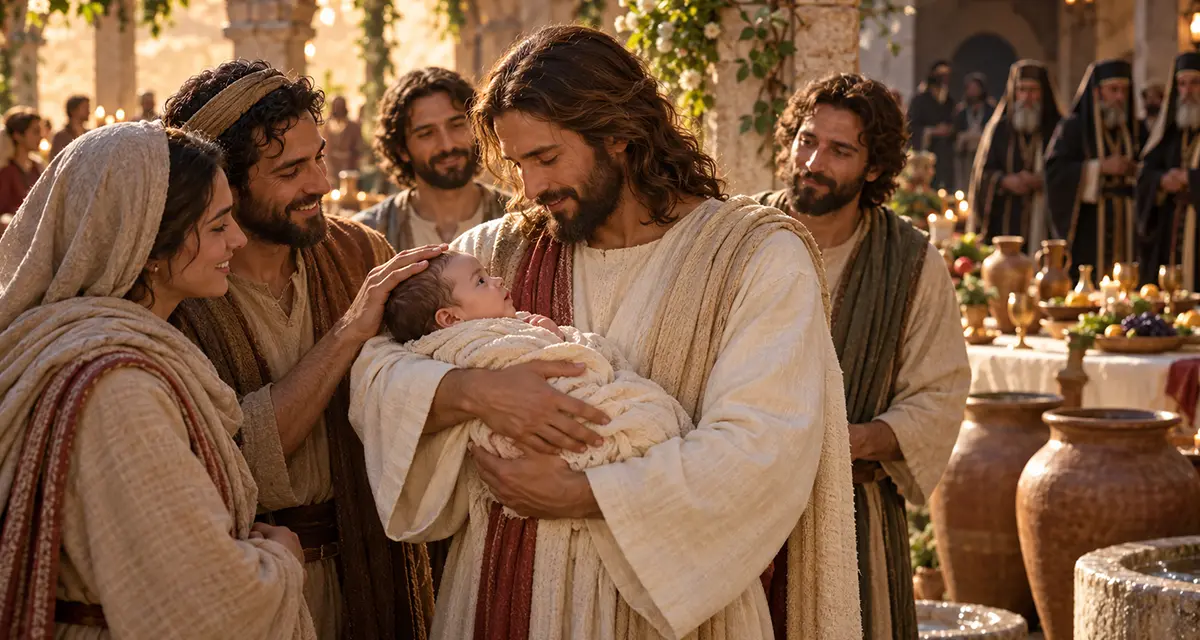 Jesus gently holding and blessing an infant while parents and disciples gather near Him, showing Christ as the One who welcomes human need and brings blessing to the helpless.