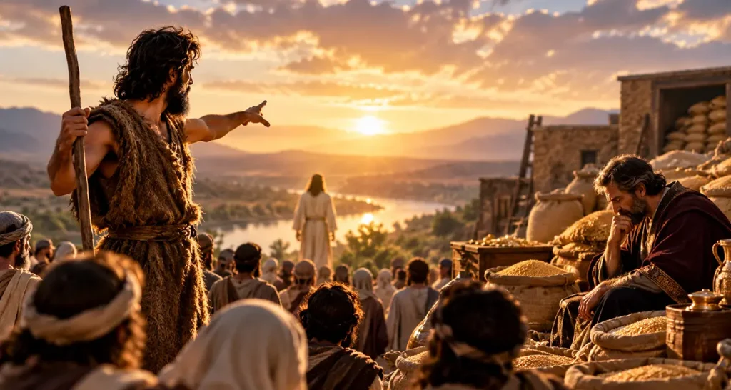 John the Baptist points toward Jesus near the Jordan River as crowds gather, illustrating human dignity, servanthood, and the biblical truth that human worth is not measured by usefulness, influence, or possessions.