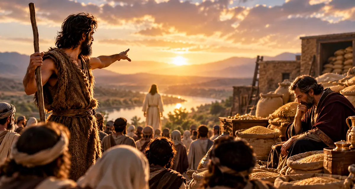 John the Baptist points toward Jesus near the Jordan River as crowds gather, illustrating human dignity, servanthood, and the biblical truth that human worth is not measured by usefulness, influence, or possessions.