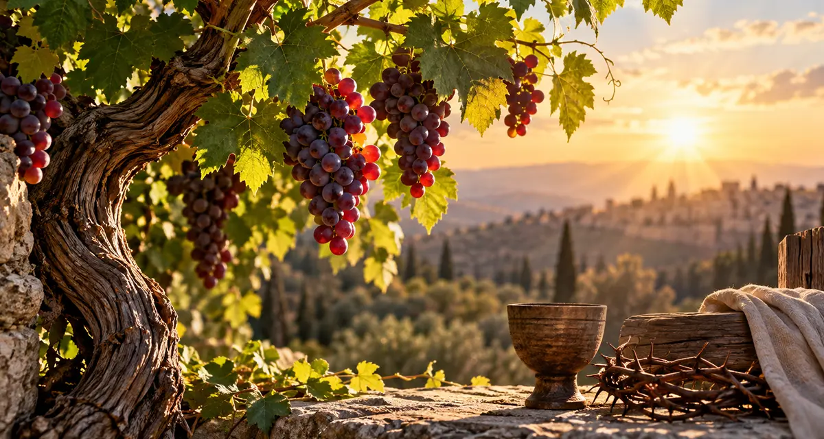 The Fruit of the Spirit and spiritual maturity symbolized by a fruitful grapevine in golden light, illustrating abiding in Christ, growth, and Spirit-produced fruitfulness.