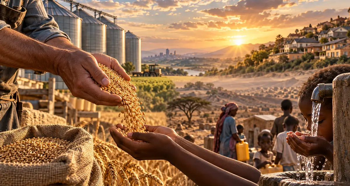 Christian stewardship illustrated by abundant grain being shared with people in need, alongside clean water flowing for a community, reflecting generosity, responsible use of resources, and God’s provision.