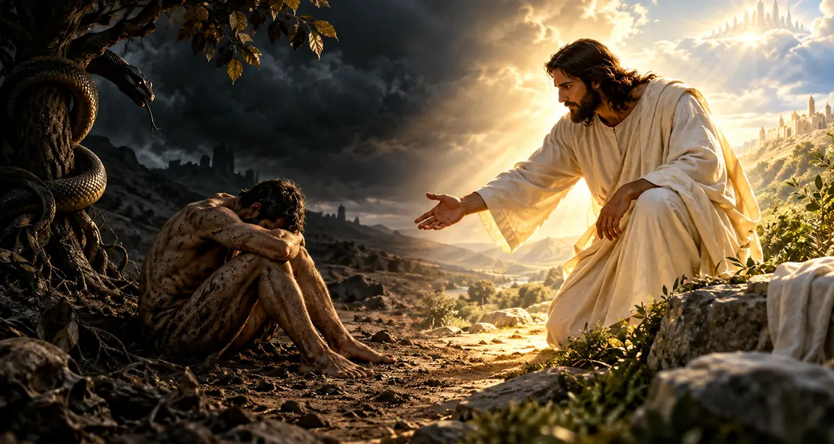 Biblical anthropology depicted through the contrast of light and darkness, showing fallen humanity in the shadow of sin and Christ as the Light reaching toward man with redemption, life, and hope.