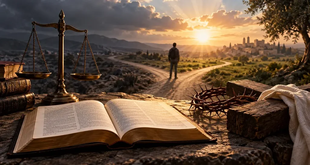Biblical morality illustrated by an open Bible, scales of justice, the cross and crown of thorns, and a person facing diverging paths between darkness and light.