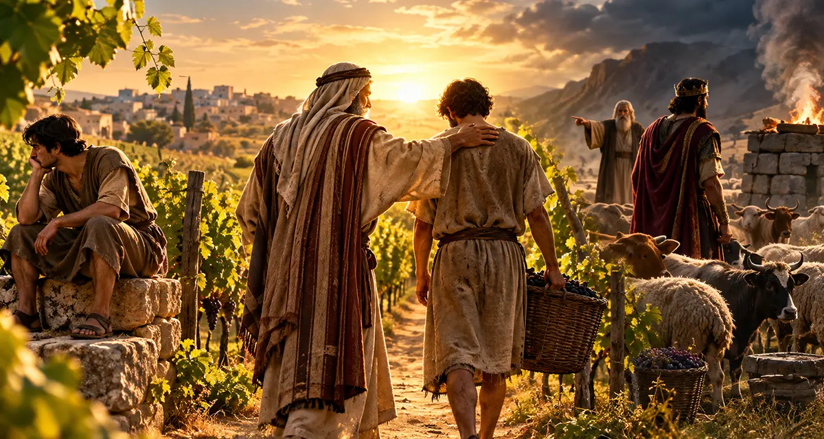 Biblical obedience depicted through Jesus’ parable of the two sons in a vineyard alongside Samuel confronting King Saul, contrasting repentance and doing the Father’s will with religious sacrifice used to justify disobedience.