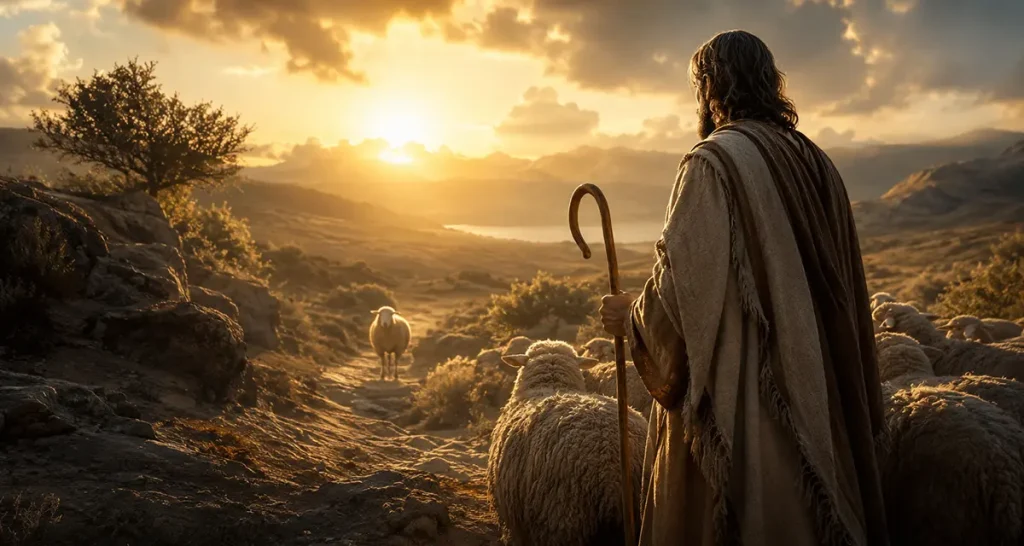Christian conviction depicted by the Good Shepherd calling a wandering sheep back to the flock, symbolizing repentance, belonging, and Christ’s faithful love.