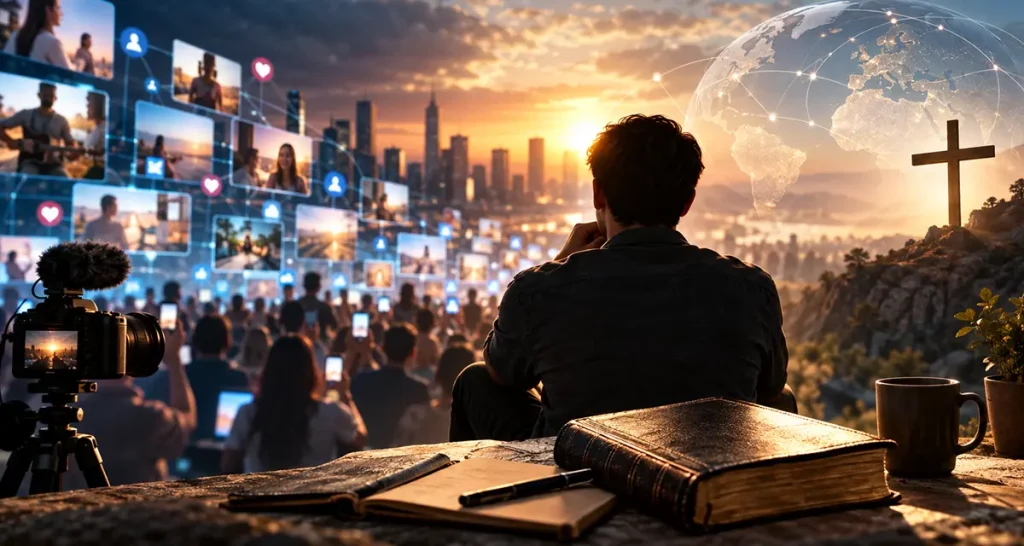 Christian influence in the digital age, depicting a believer overlooking a globally connected audience, social media networks, and a city skyline, with a Bible and cross symbolizing truth, faithfulness, and Christ-centered stewardship.