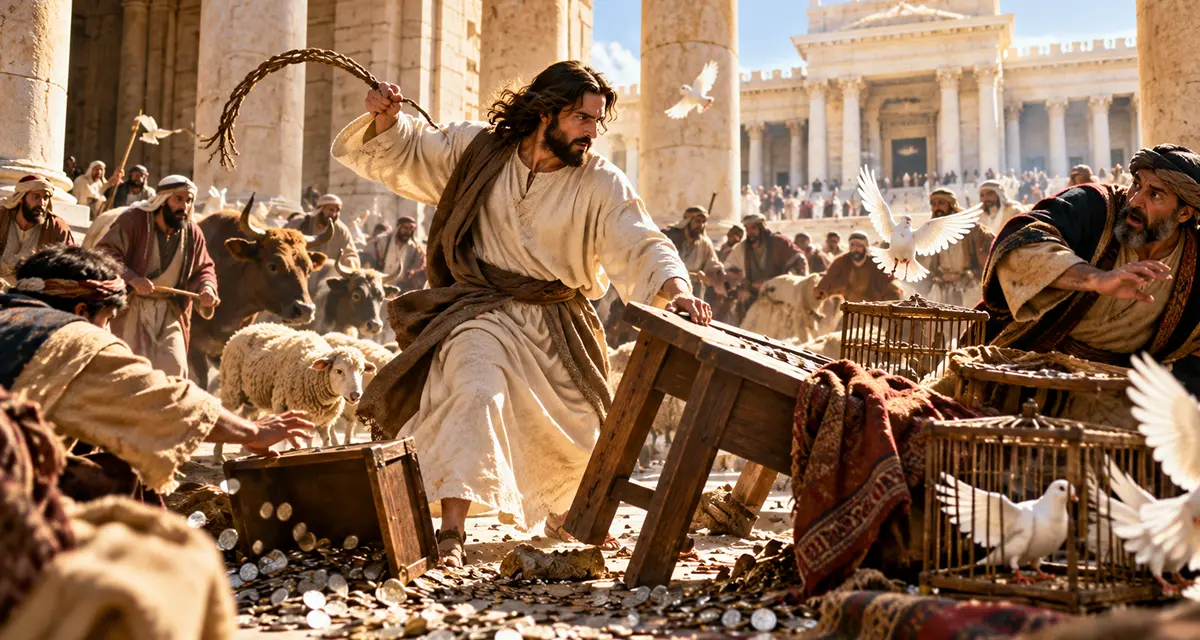 Jesus cleansing the Temple in Jerusalem, overturning the money changers’ tables and driving out merchants and animals from His Father’s house.
