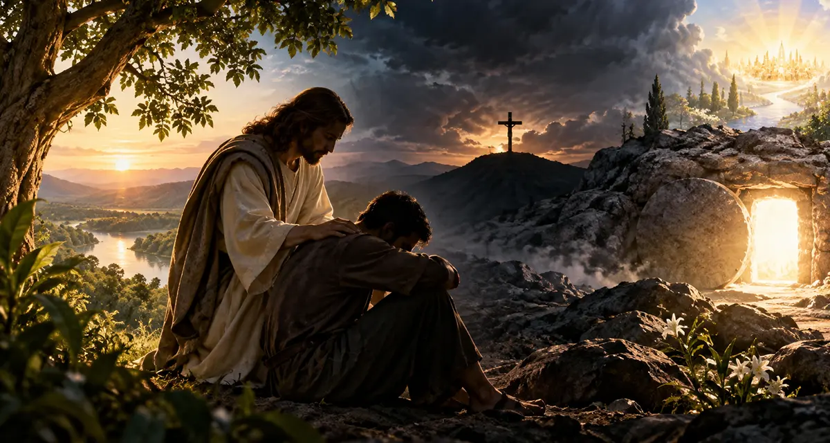 Creaturehood depicted through human suffering and dependence on God, with Christ offering comfort as the cross and empty tomb point toward resurrection and eternal life.