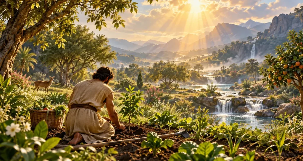 Man tending a lush garden at sunrise, symbolizing creaturehood, human stewardship, and dependence on God’s sovereign care.