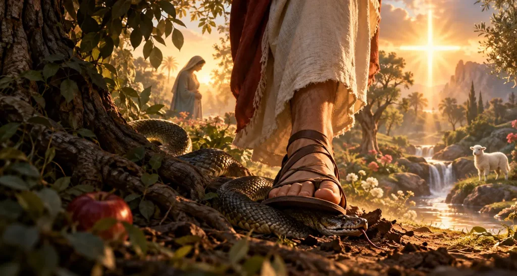 Divine reversal from Eden to Christ, showing a sandal-clad foot crushing the serpent near a tree as dawn light forms a cross-shaped glow in the garden.