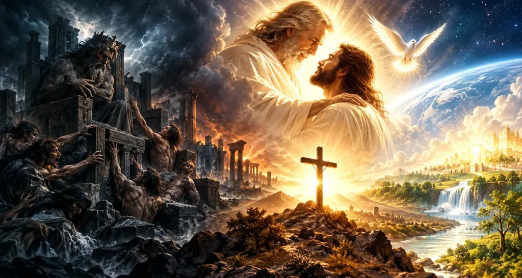 Father and Son's love contrasted with the destructive rivalry of Greek mythology, depicting Christ, the cross, divine love, redemption, and the hope of new creation. Is this conversation helpful so far?