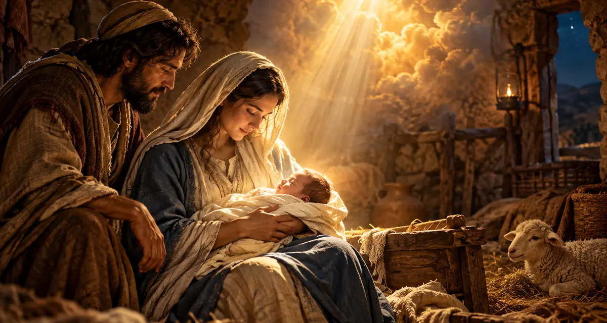 The incarnation of Jesus, shown through Mary holding the infant Christ in a humble stable as radiant divine light surrounds the scene.