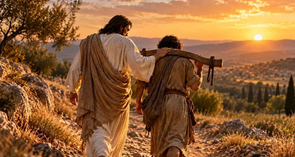 Jesus walking beside a weary disciple carrying a wooden yoke, illustrating Christ’s gentle lordship, sustaining grace, and the rest found in dependence on Him.
