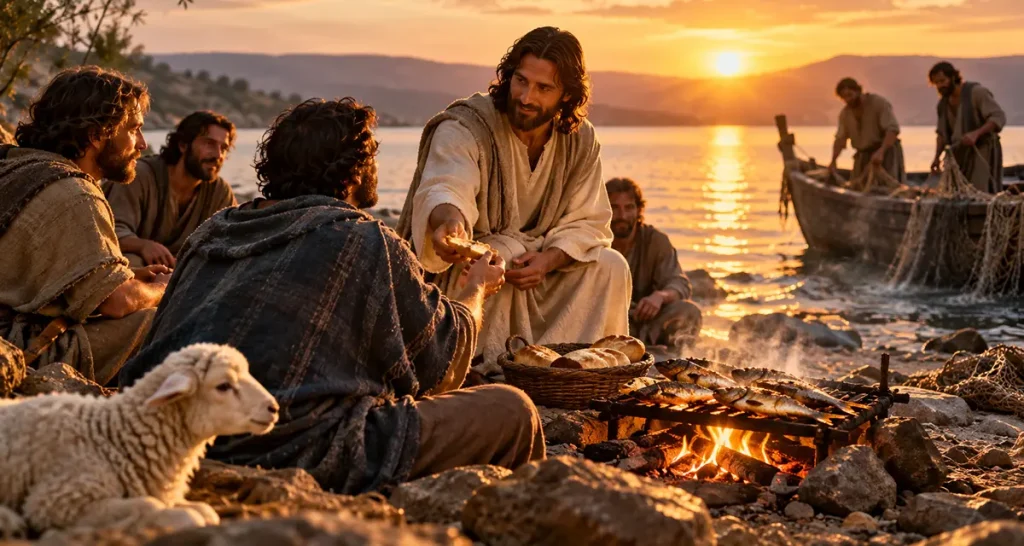 Jesus serving bread and fish to His disciples beside the Sea of Galilee, with a lamb resting nearby, depicting the recurring imagery of lambs and fish in the Gospels.