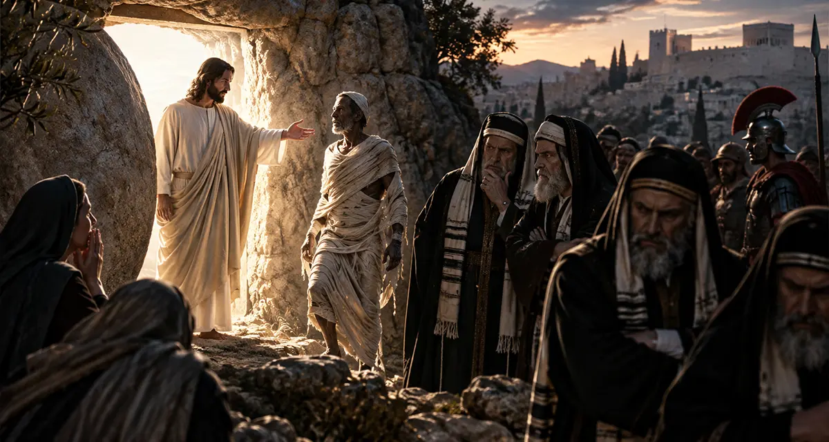 Jesus raises Lazarus from the tomb, depicting the life and death paradox as the Author of Life demonstrates His sovereign authority over death while witnesses respond with faith and unbelief.