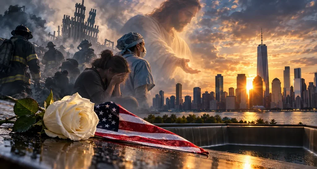 9/11 memorial scene depicting firefighters, a grieving survivor, a healthcare worker, and the New York City skyline, with Jesus extending His hand over the suffering, symbolizing compassion, healing, hope, and Christ’s presence amid the lasting consequences of September 11.
