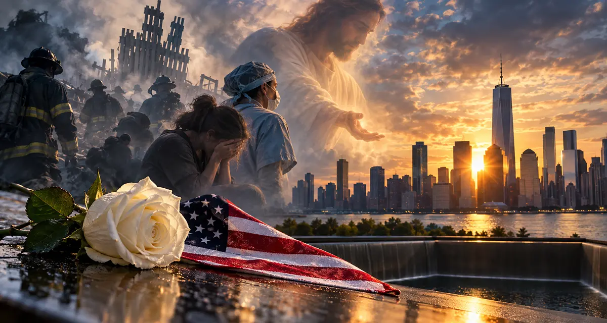 9/11 memorial scene depicting firefighters, a grieving survivor, a healthcare worker, and the New York City skyline, with Jesus extending His hand over the suffering, symbolizing compassion, healing, hope, and Christ’s presence amid the lasting consequences of September 11.
