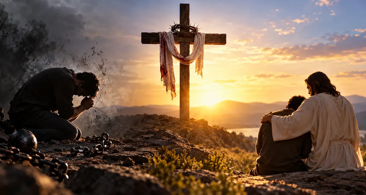 The sufficiency of Christ portrayed through the cross, where the burden of sin gives way to forgiveness, freedom, and secure union with Christ.