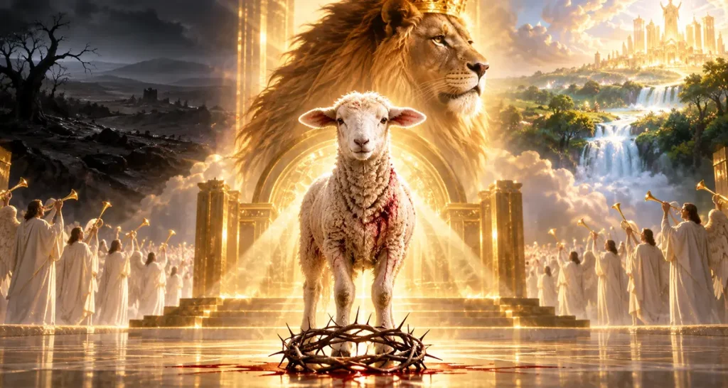 The Lamb who was slain standing before the throne in heavenly glory, revealing Christ’s sacrificial love, victory, and eternal kingship.