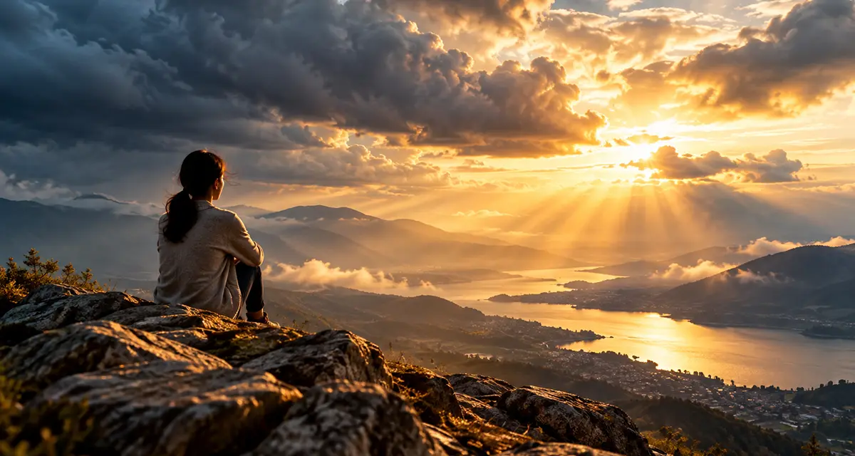 A woman sits in stillness overlooking a vast mountain valley as golden sunlight breaks through storm clouds, illustrating Psalm 46:10, “Be still and know that I am God,” and the peace of trusting in God’s sovereignty and presence amid life’s uncertainties.