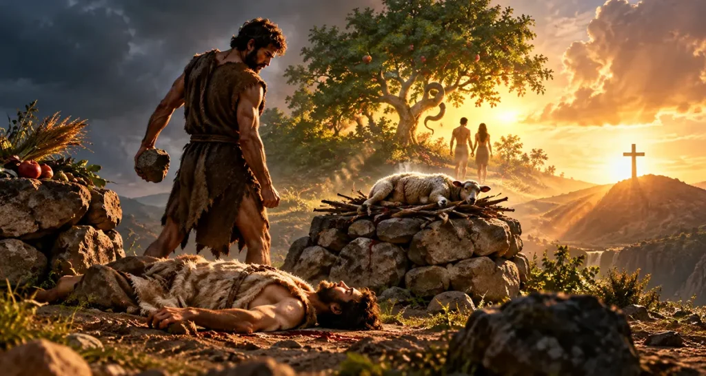 Cain and Abel in a dramatic biblical scene depicting the first murder, with Adam and Eve near the Tree of Knowledge, symbolizing faith, sin, and death.