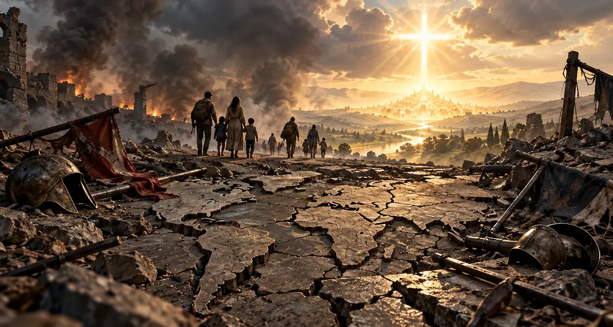 Christ’s Kingdom as a radiant cross-shaped light beyond a war-torn landscape, contrasting earthly conflict, broken power, and displaced families with the hope of divine peace.
