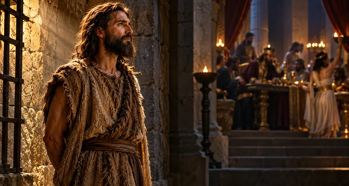 John the Baptist standing calmly in a dim prison corridor, illuminated by warm light, while a shadowed royal banquet in the background symbolizes Herod’s moral weakness and the cost of faithful witness.