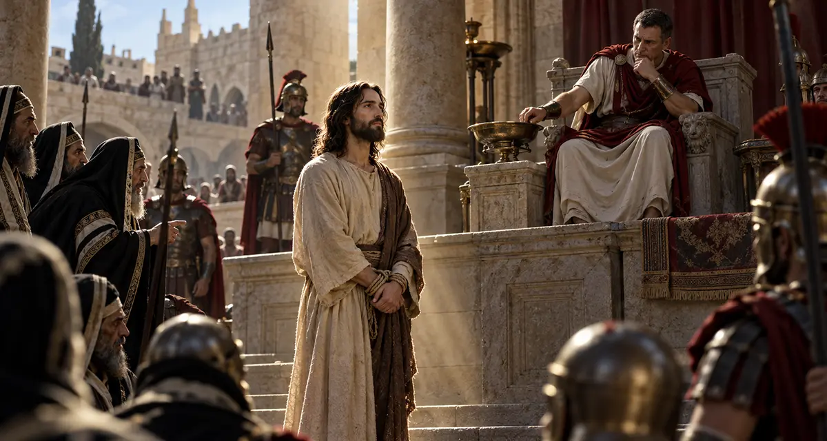 Pilate exercising his authority from the judgment seat as the innocent Jesus stands bound before him, surrounded by religious leaders and Roman guards.