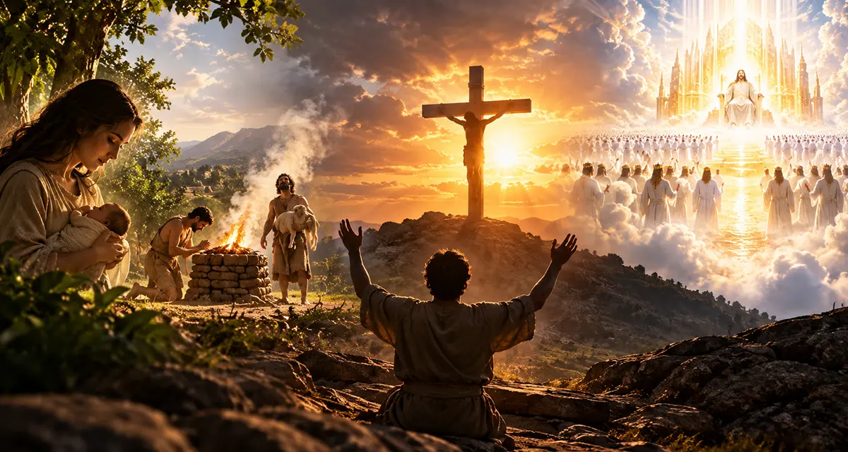 Acceptable worship through Jesus Christ, depicting Eve with her child, Abel’s offering, a believer worshiping before the cross, and glorified saints praising God in heaven, symbolizing God’s grace from the fall of humanity to final glorification.