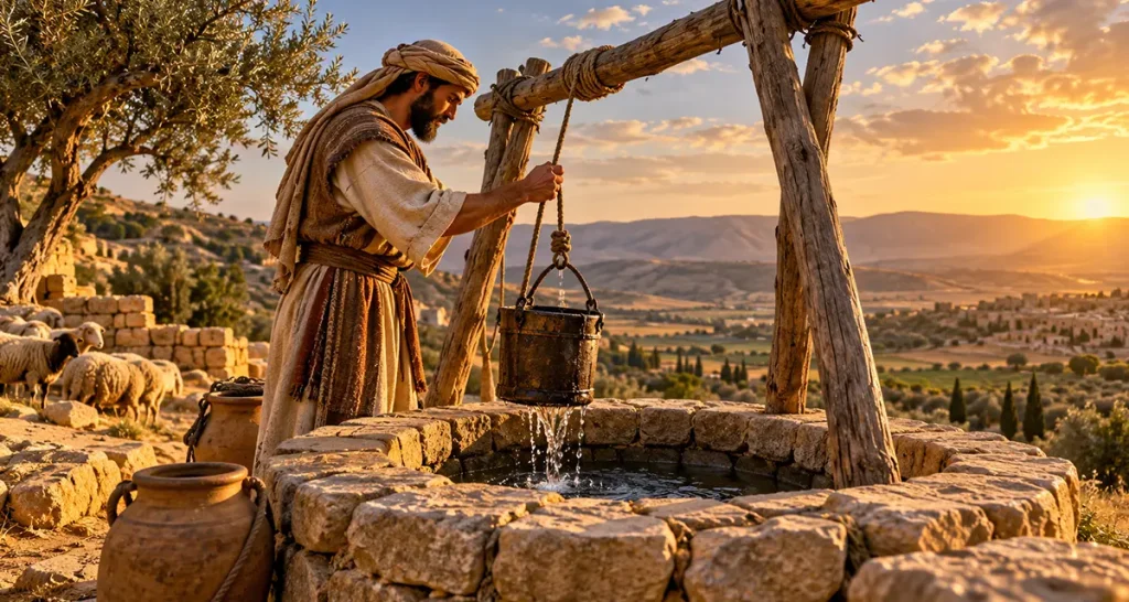 Ancient wells in biblical times, with a man drawing fresh water from a stone well in a dry landscape, illustrating God’s provision, human stewardship, and dependence on water for life.