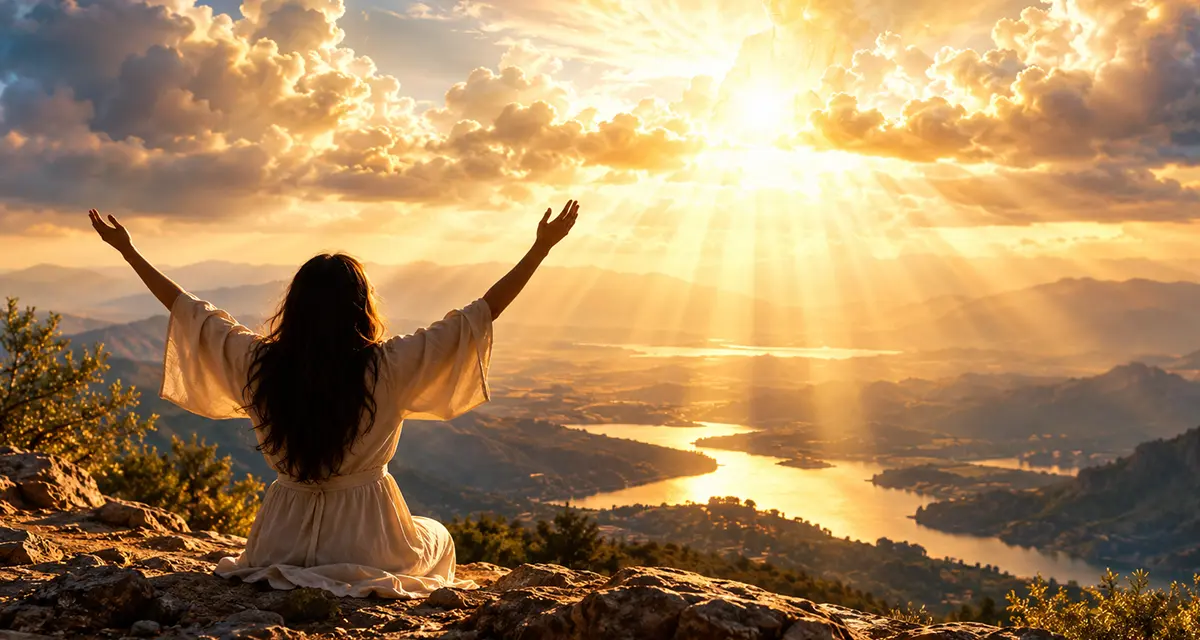 Biblical worship depicted by a kneeling figure with arms raised toward radiant heavenly light over a vast landscape, symbolizing reverence, adoration, and the acknowledgment of God's eternal glory.
