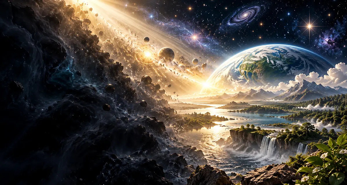 Creation emerging from darkness into radiant ordered light, showing earth, stars, water, and life as dependent on the unseen Creator.