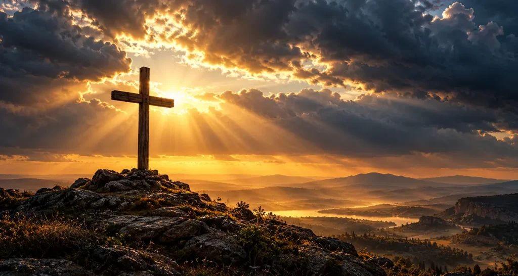 Cross on a hill at dawn beneath storm clouds, with golden light breaking through as a symbol of divine love revealed through Christ’s sacrifice.