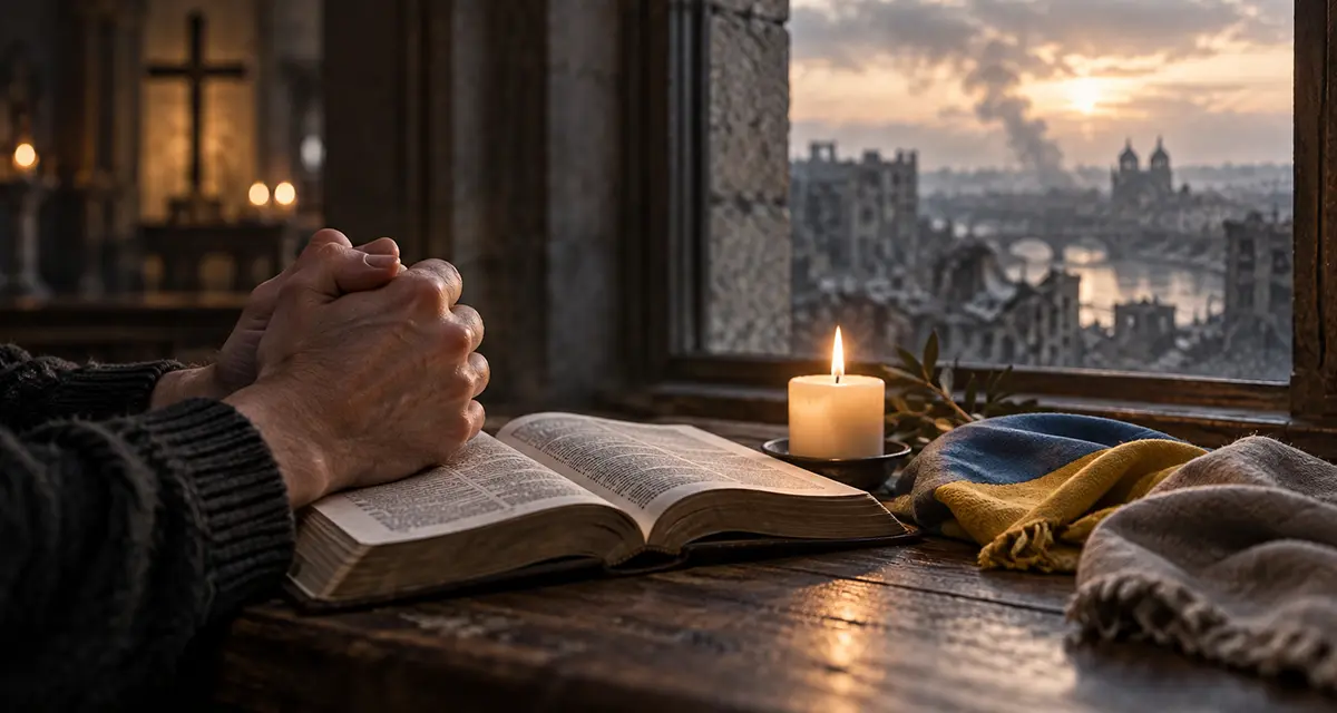 Praying hands rest on an open Bible beside a candle, with a blurred war-torn city outside the window, symbolizing enemy-love in war, human dignity, justice, mercy, and the urgent need for salvation.