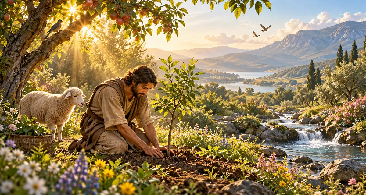 A man plants a young tree beside a sheep in a sunlit garden, illustrating faithful stewardship and loving care for God’s creation.