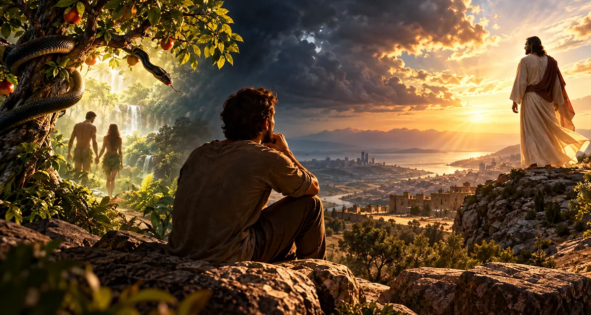 Human intention and God’s sovereignty illustrated by a man contemplating Eden’s Fall, the serpent’s deception, and Jesus Christ overlooking creation beneath a dramatic sky.