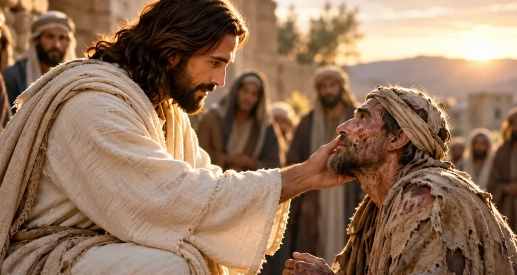 The power of human touch illustrated by Jesus compassionately touching a man with leprosy, revealing divine love, acceptance, and the healing significance of human connection.